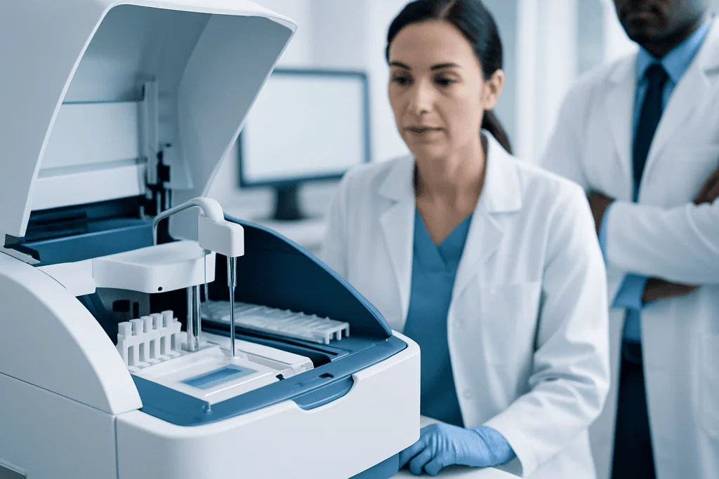 Laboratory technician operating a serum protein electrophoresis machine.