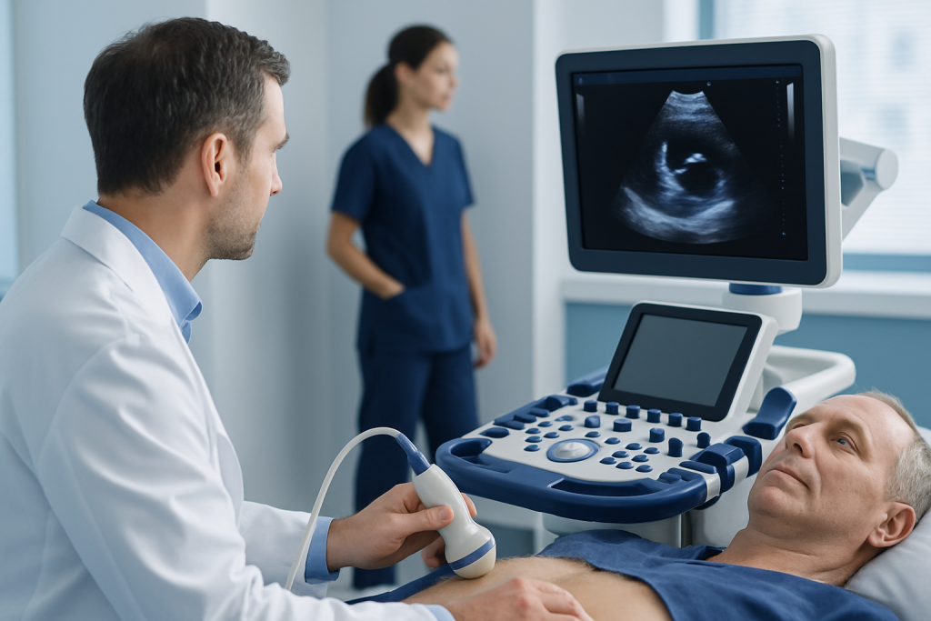Doctor performing transthoracic echocardiogram on patient in hospital.
