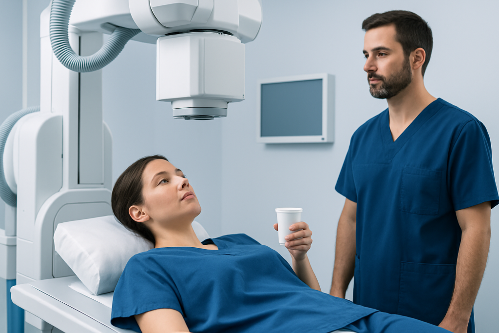 Patient lying on X-ray table during Barium Swallow test at Acibadem Hospital.