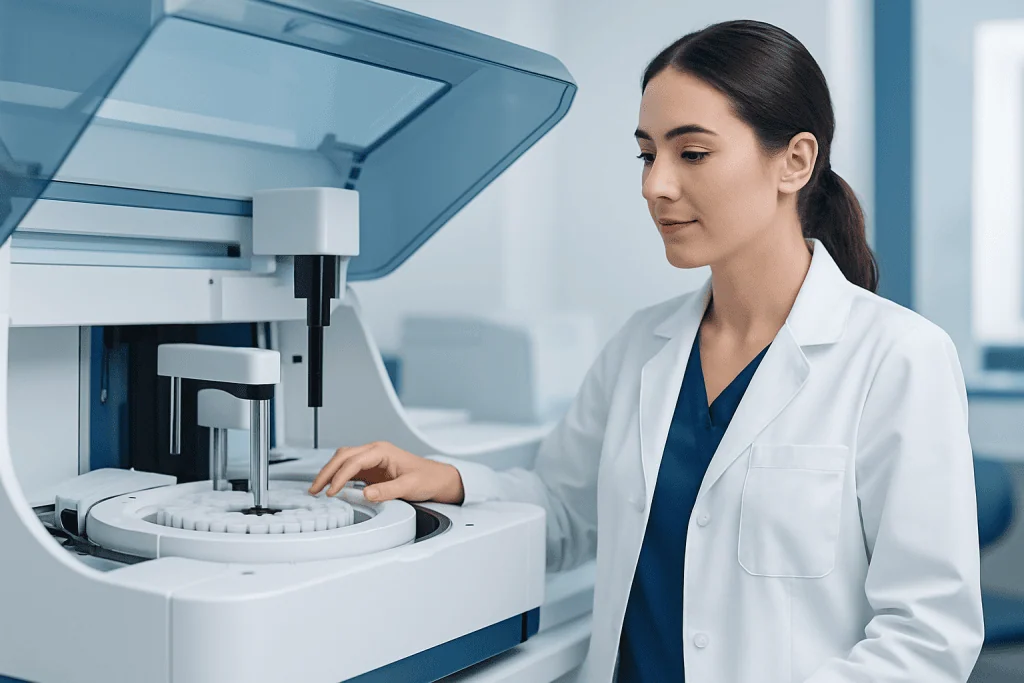Laboratory technician operating enzyme immunoassay analyzer at hospital.