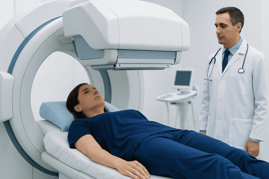 Patient undergoing lymphoscintigraphy scan at Acibadem Hospital.