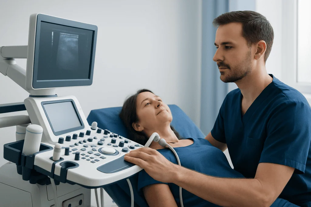Doctor performing carotid ultrasound on patient in hospital.