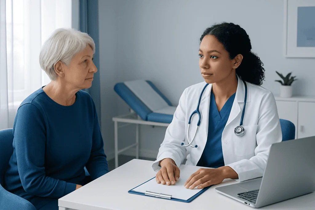 Doctor consulting with an elderly female patient in a medical office.