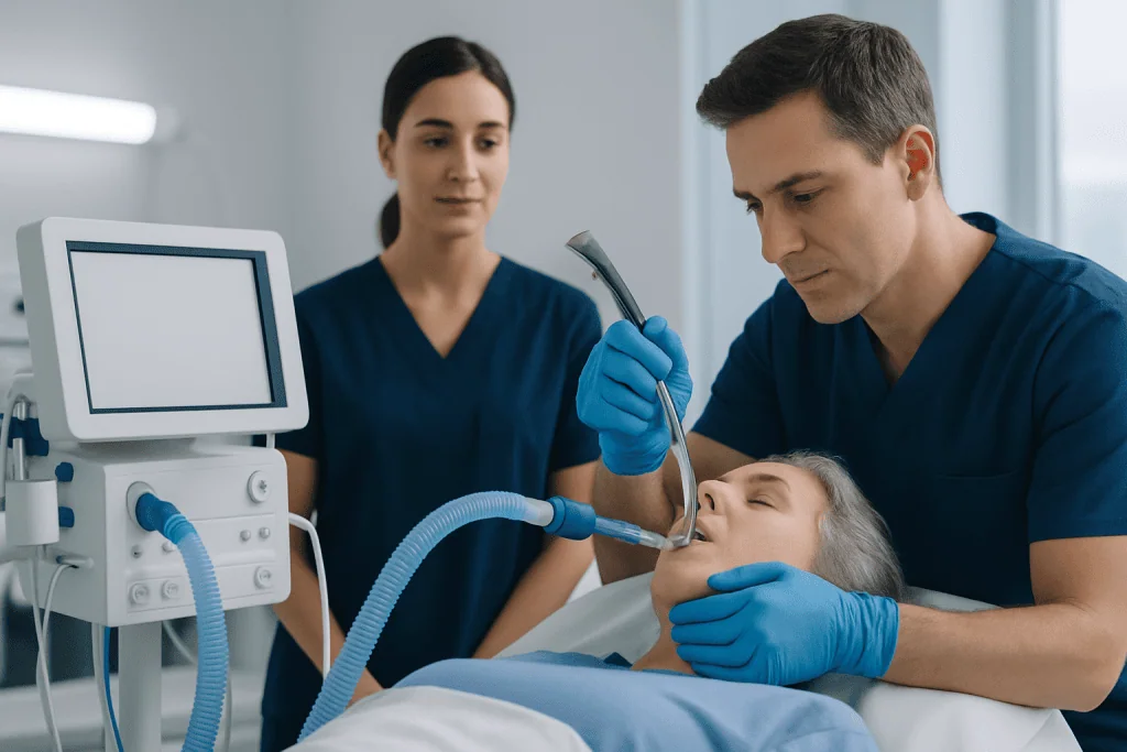 Medical professionals perform intubation on a patient in a hospital setting.