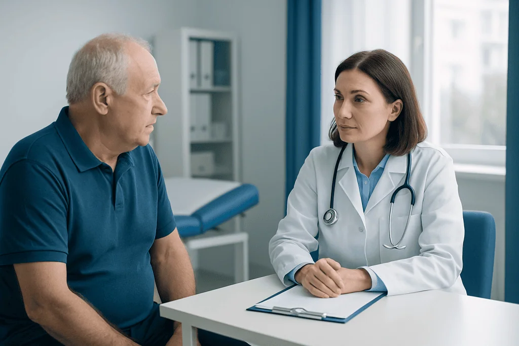 Doctor consulting with an elderly male patient in a medical office.