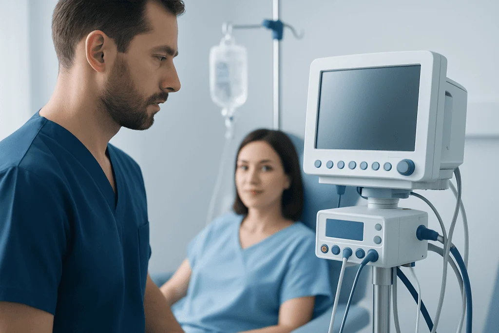 Medical professionals monitoring patient in hospital setting with medical equipment.