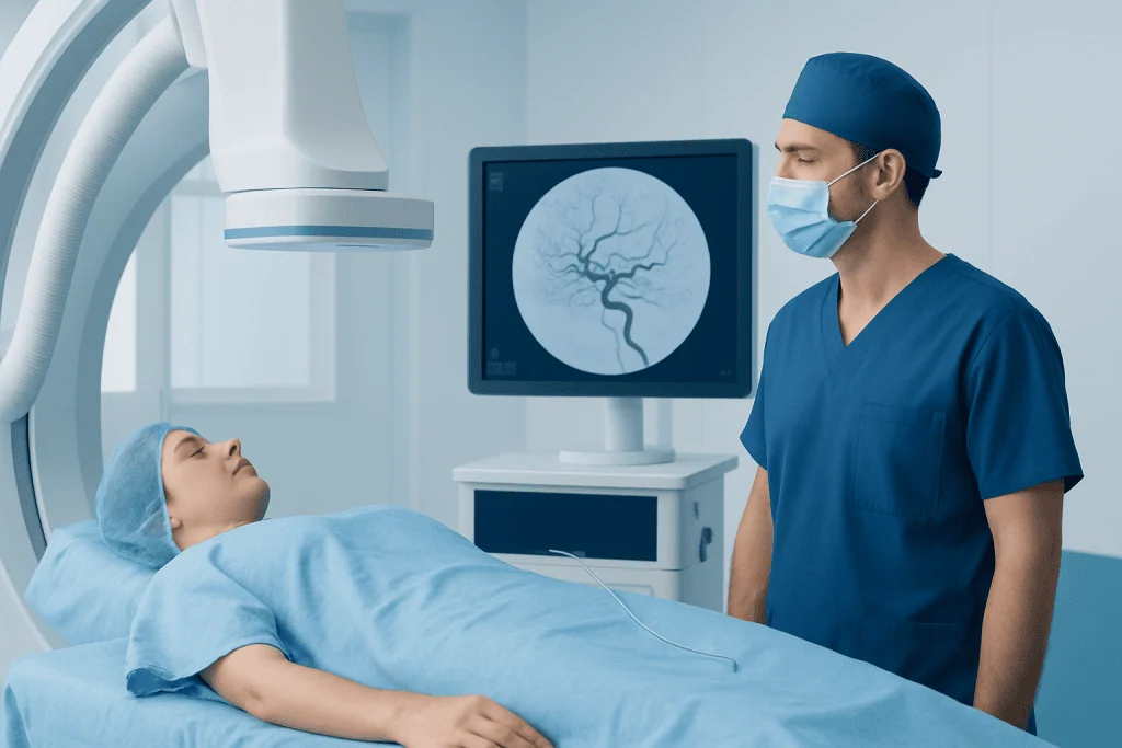 Medical professional preparing for cerebral angiogram procedure in hospital.