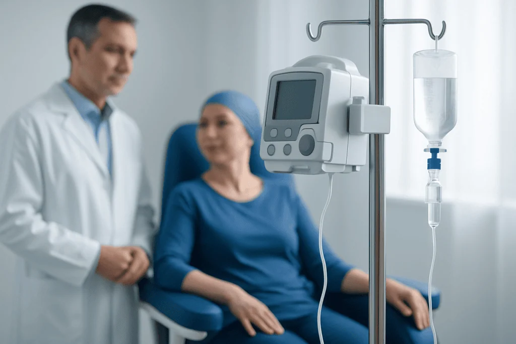 Doctor consulting a patient in a hospital room with medical equipment nearby.