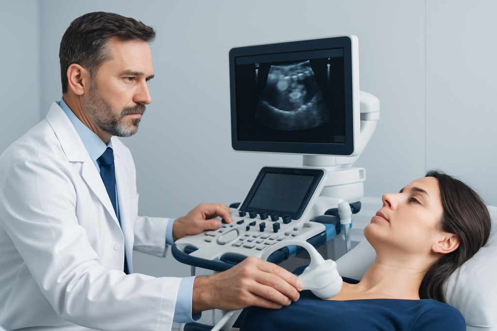 Doctor performing thyroid ultrasound on patient in hospital setting.