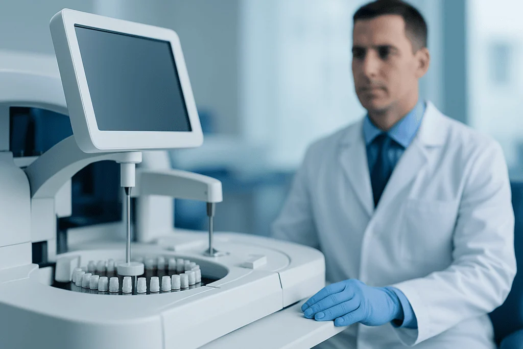 Medical professional operating laboratory equipment in a clinical setting.