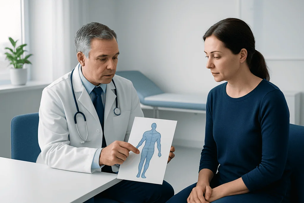 Doctor explaining dermatome map to patient in consultation room.
