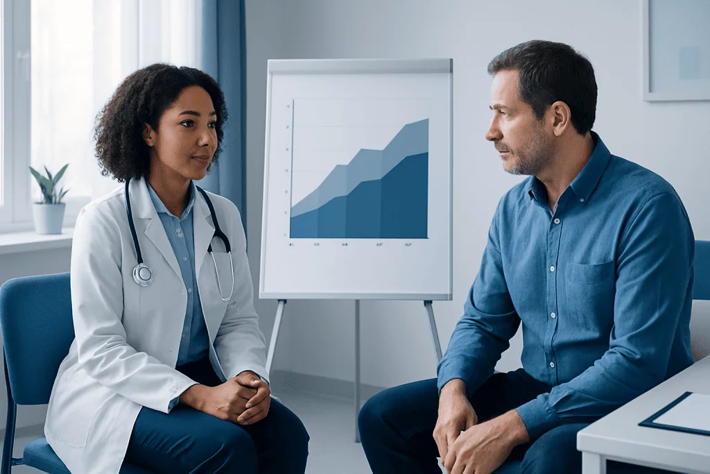 Doctor and patient discussing A1C chart in a medical consultation room.
