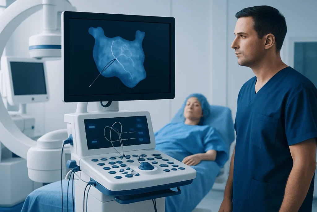 Cardiologist monitors electrophysiology procedure on screen in hospital.