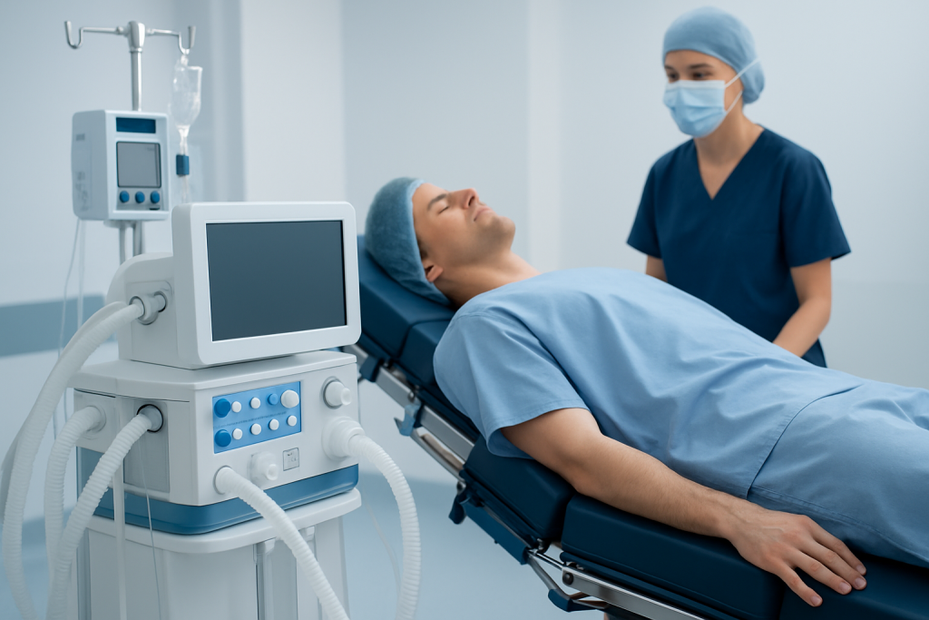 Patient in Trendelenburg position during medical procedure at Acibadem Hospital.