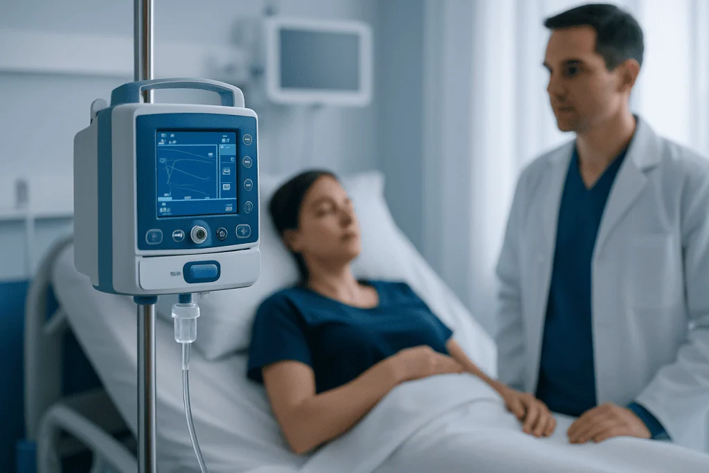 Medical professional monitoring patient with infusion pump in hospital.