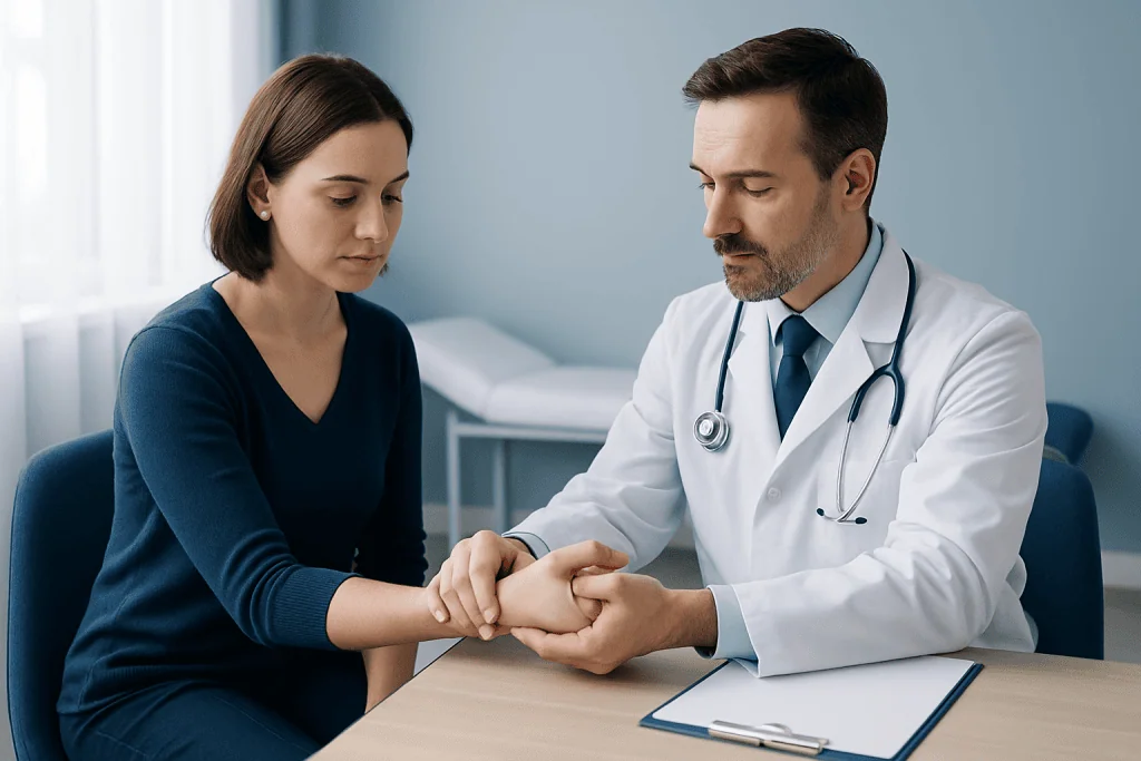Doctor examining patient's wrist during a medical consultation at Acibadem Hospital.