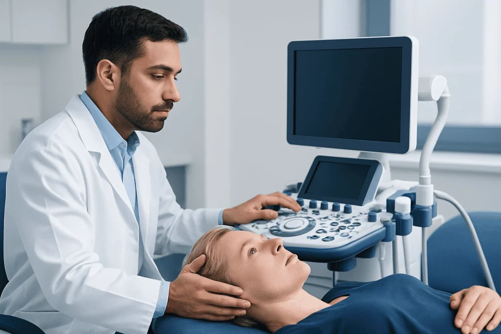 Doctor performing Dix Hallpike maneuver on patient in clinical setting.