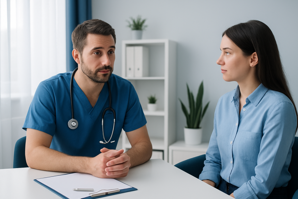 Doctor consulting a patient in a modern clinic setting.