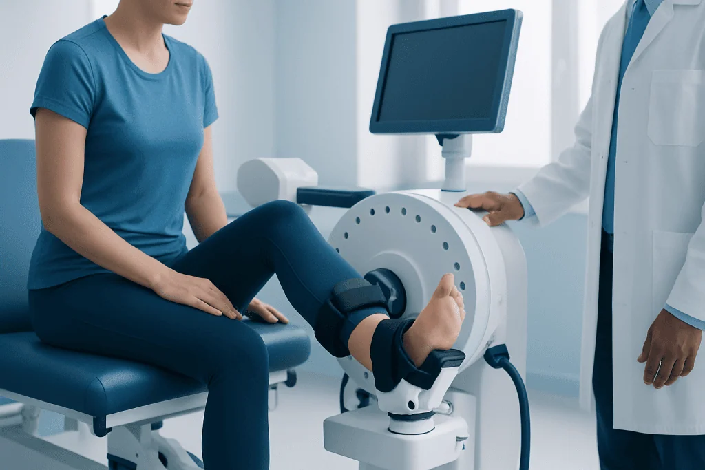 Medical professional performing dorsiflexion test on patient with specialized equipment.