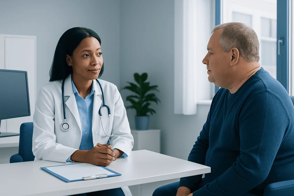 Doctor consulting with a patient in a modern medical office.