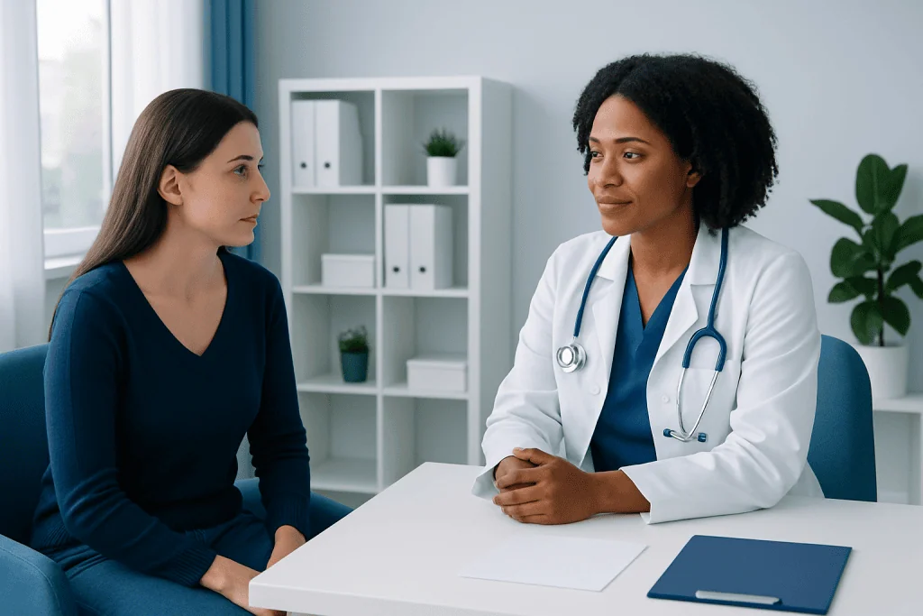 Doctor consulting with a patient in a modern medical office.