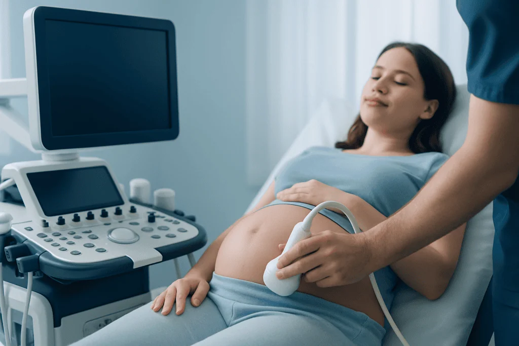 Pregnant woman undergoing ultrasound scan at hospital.
