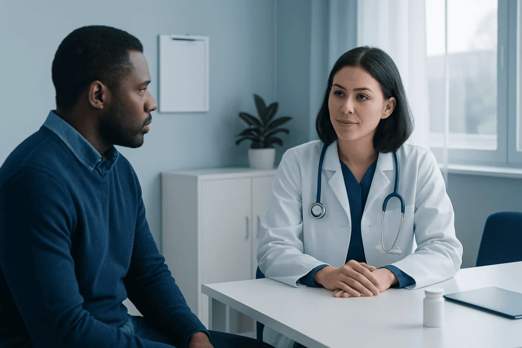 Doctor consulting with a patient in a medical office setting.
