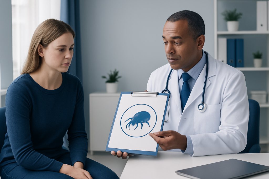 Doctor explaining dust mite allergy to patient in consultation room.