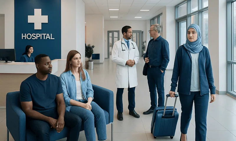 Diverse patients and medical staff in hospital lobby with a large cross sign.