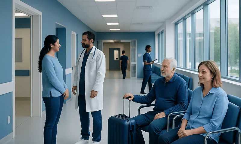Hospital corridor with patients and medical staff engaging in conversation.