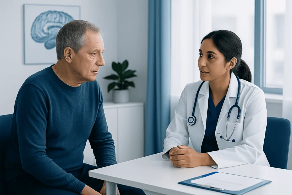 Doctor consulting with an elderly male patient in a medical office.