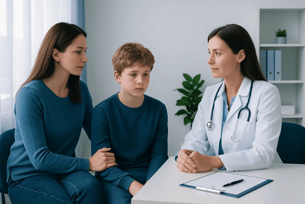 Doctor consulting with a mother and son in a medical office.