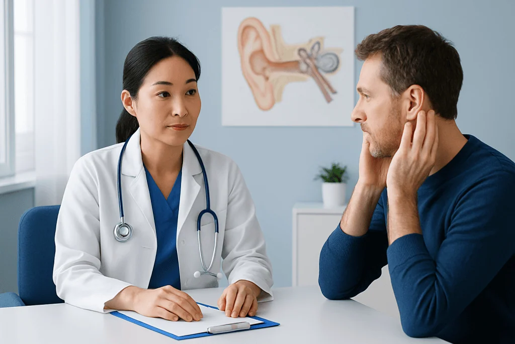 Doctor consulting patient about ear health and wax buildup treatment.