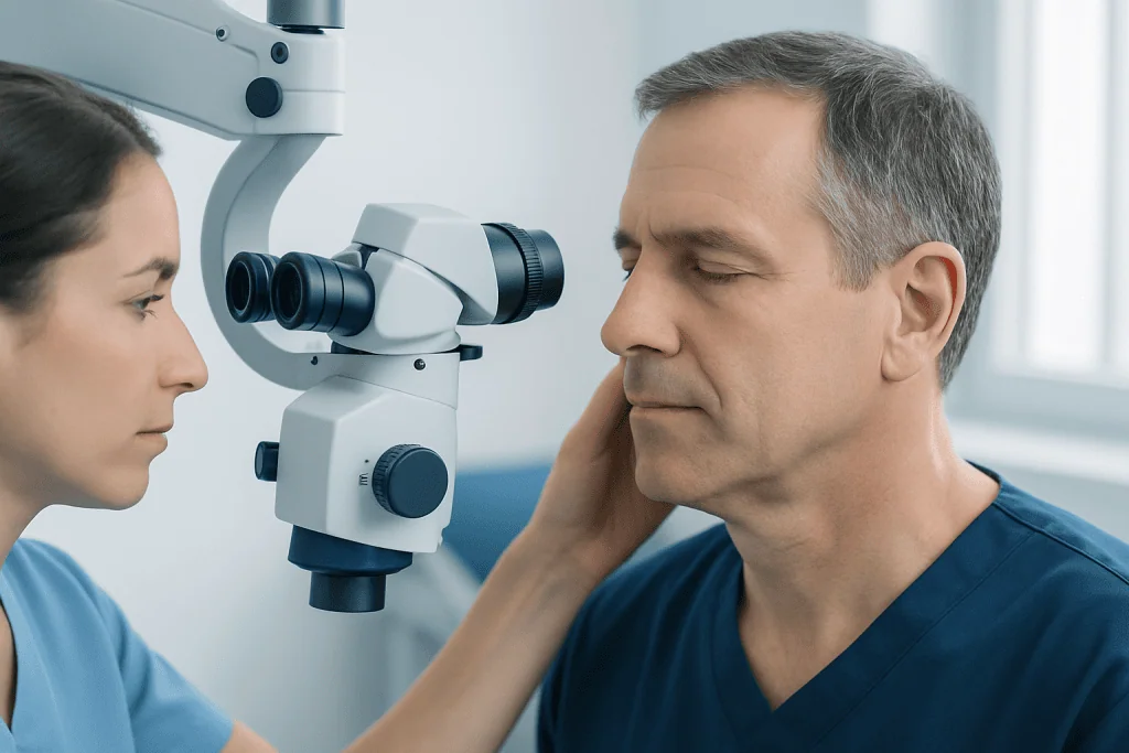 ENT specialist examining a patient's ear with a microscope.