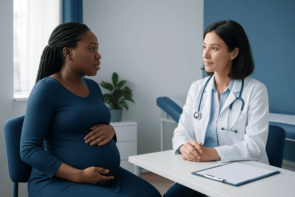 Pregnant woman consulting with a doctor in a medical office.