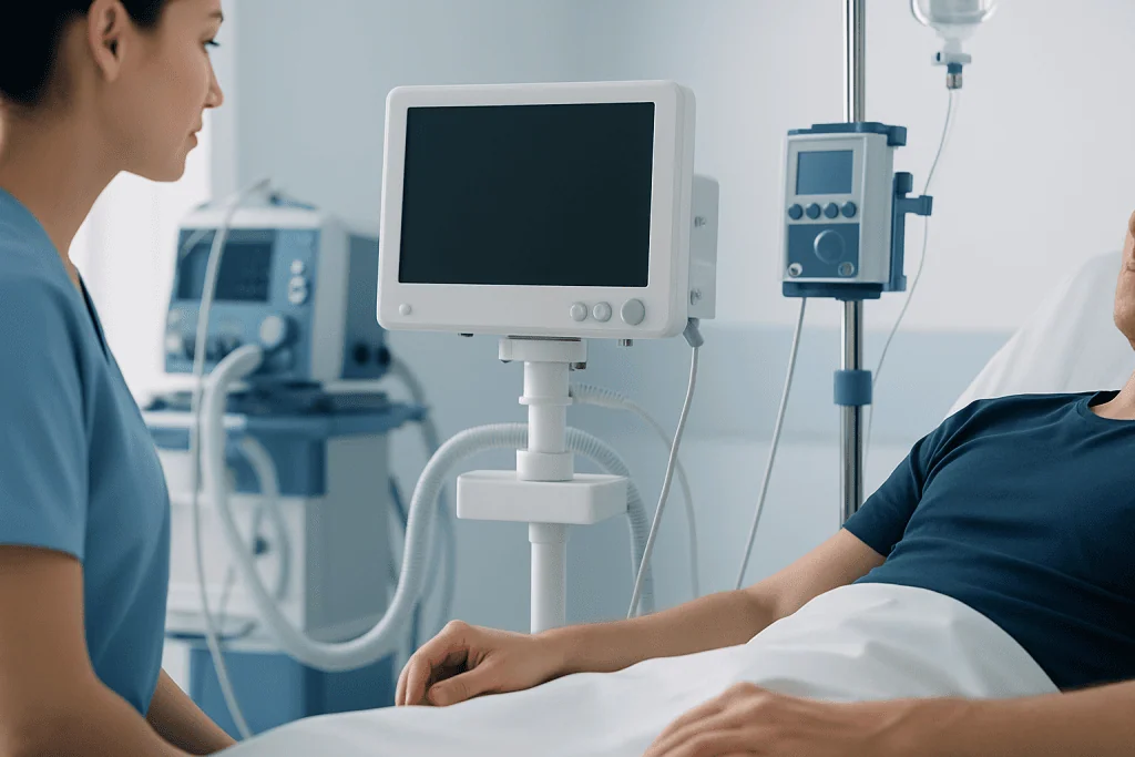Hospital medical staff monitoring patient in a clinical setting.