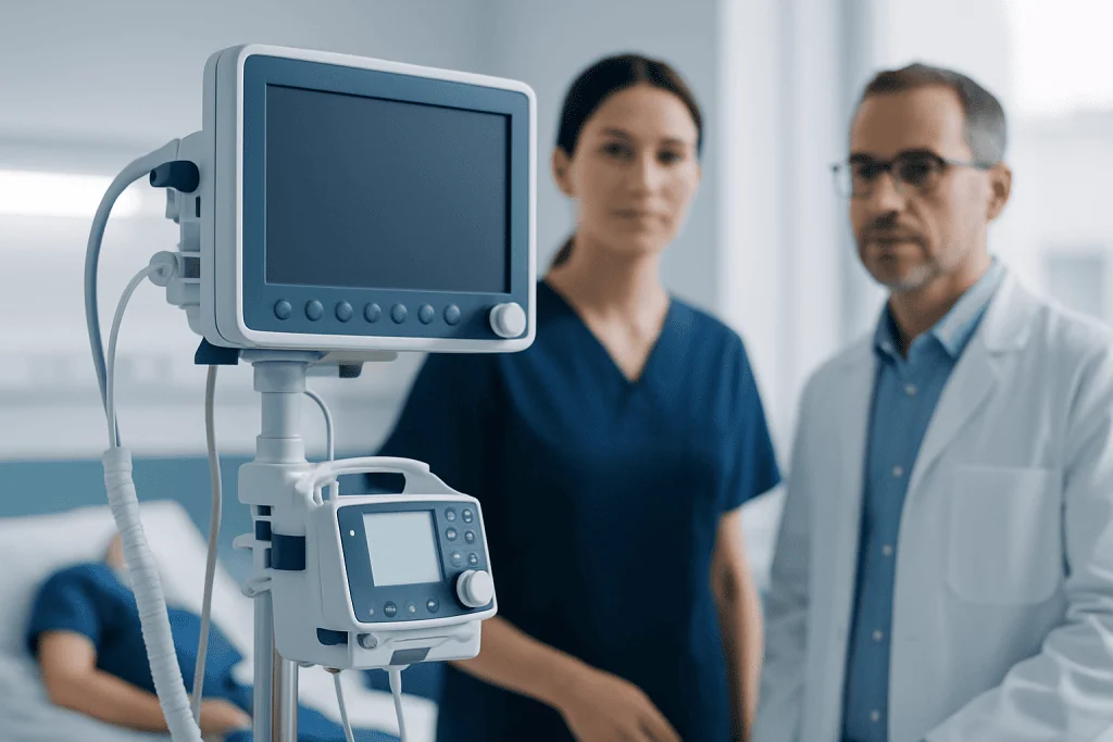 Medical professionals in a hospital room with monitoring equipment.