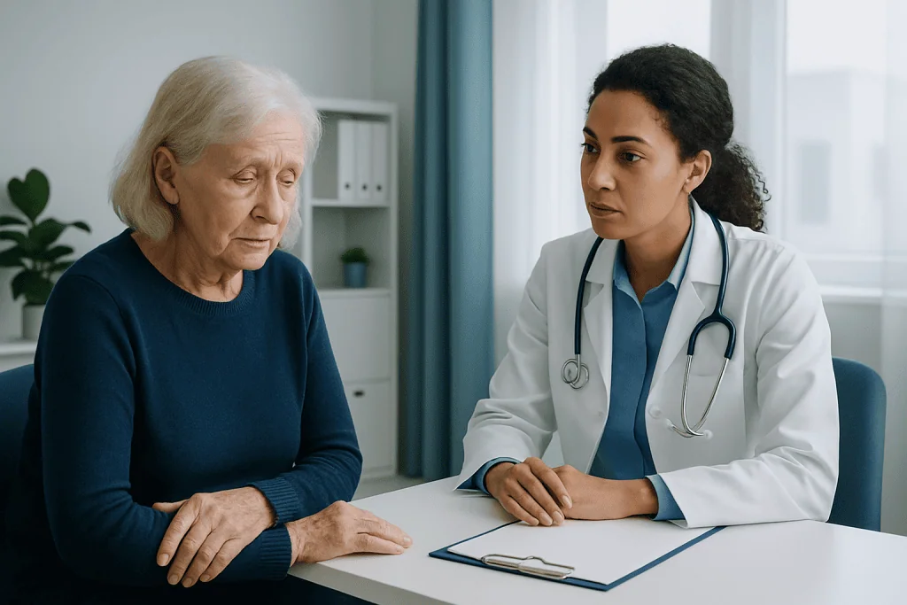 Elderly woman consulting with a healthcare professional in a medical office.