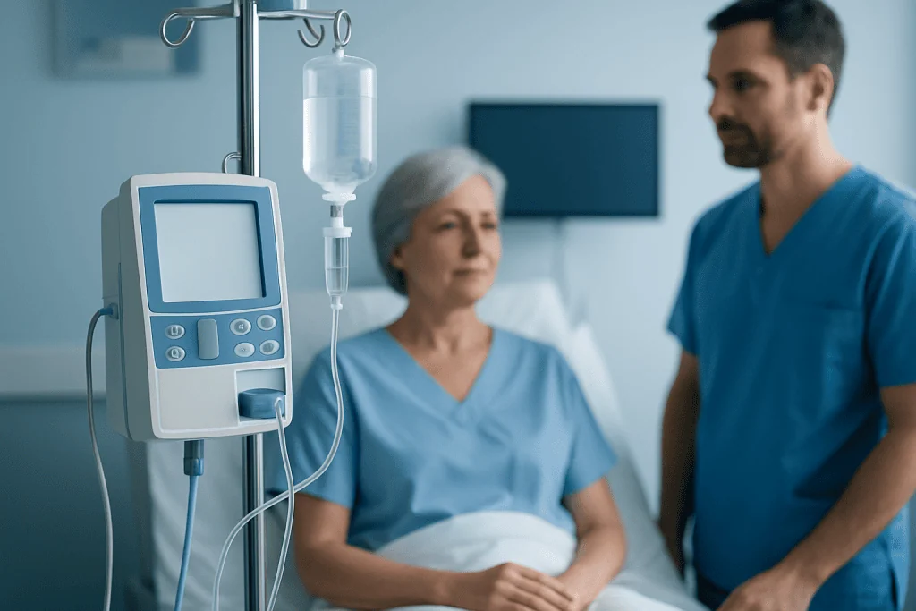 Hospital patient with IV drip and medical staff in a clinical setting.