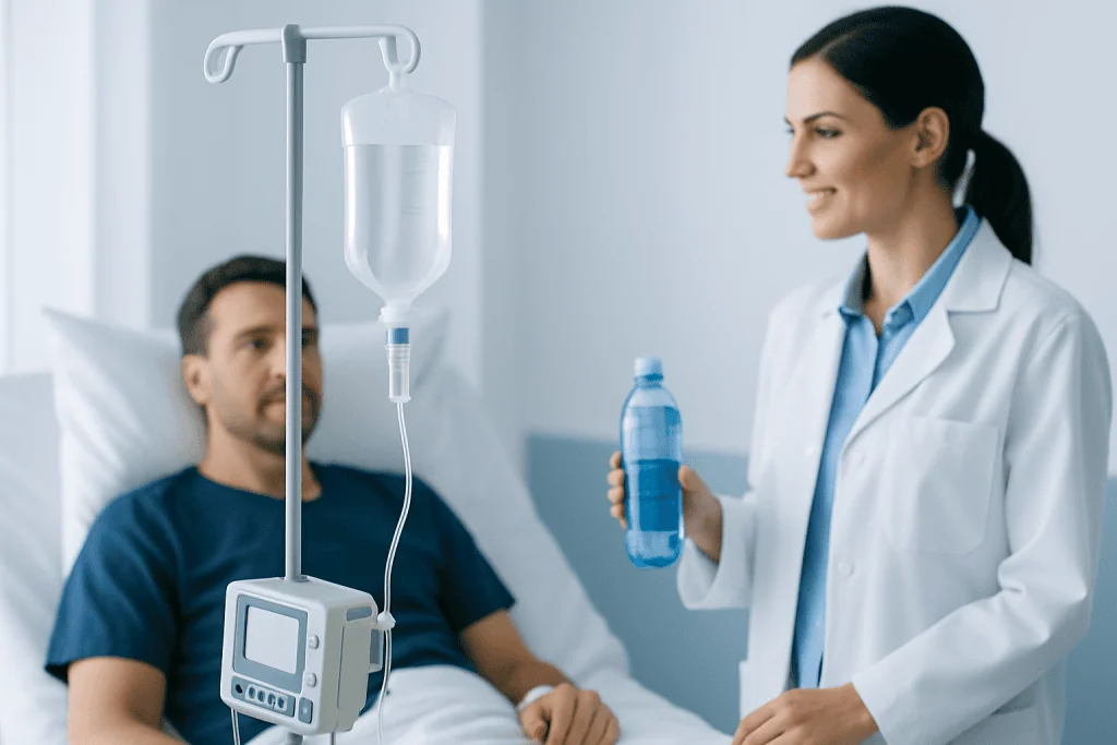 Doctor explaining electrolyte IV therapy to patient in hospital room.