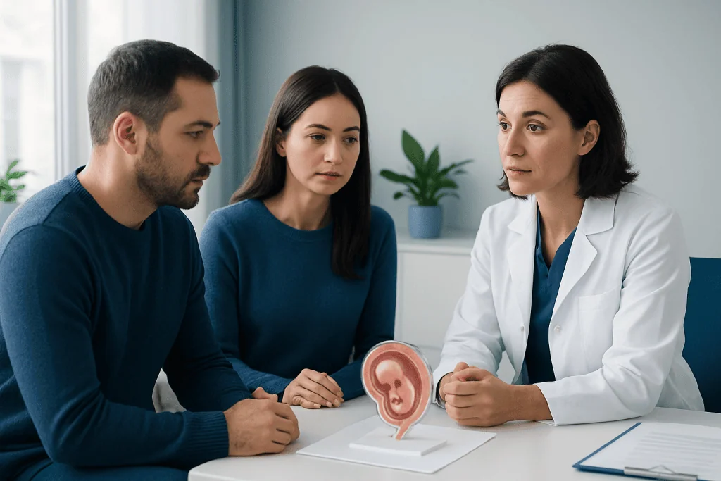 Fertility consultation with a doctor and couple discussing embryo health.