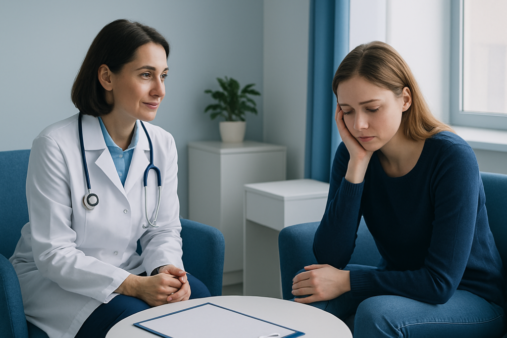 Doctor consulting with a young woman about emotional distress.