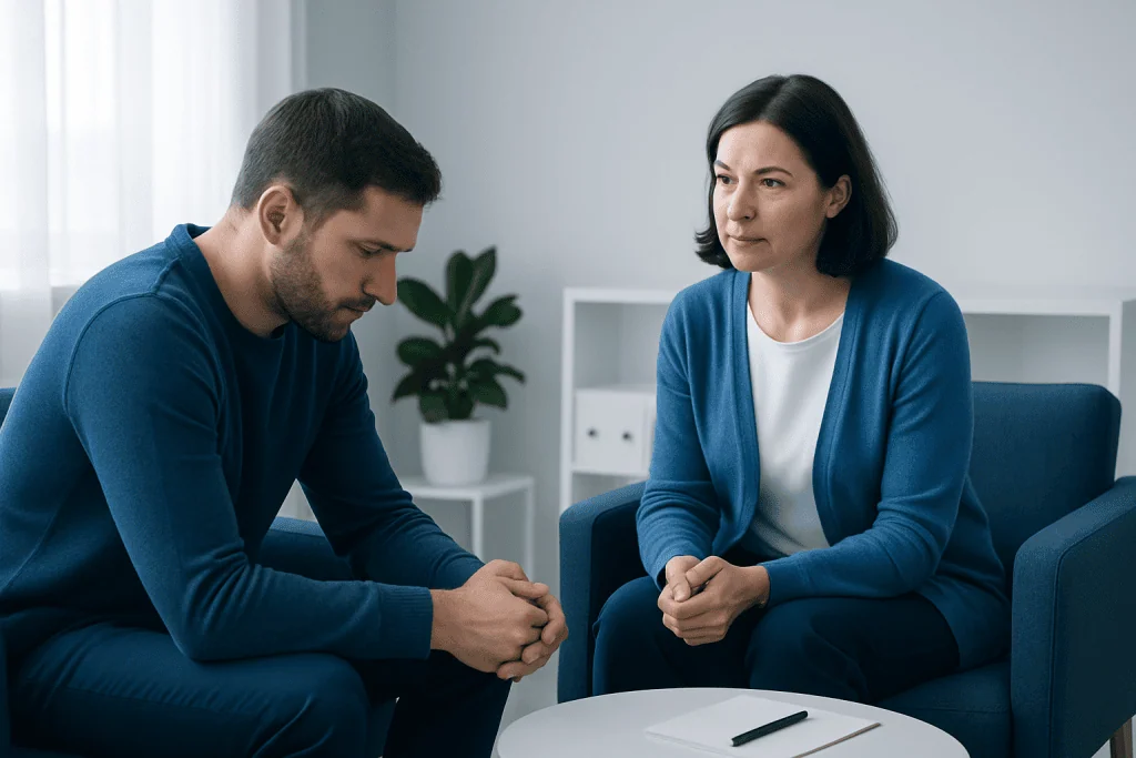 Therapist and patient in a counseling session at Acibadem Hospitals Group.