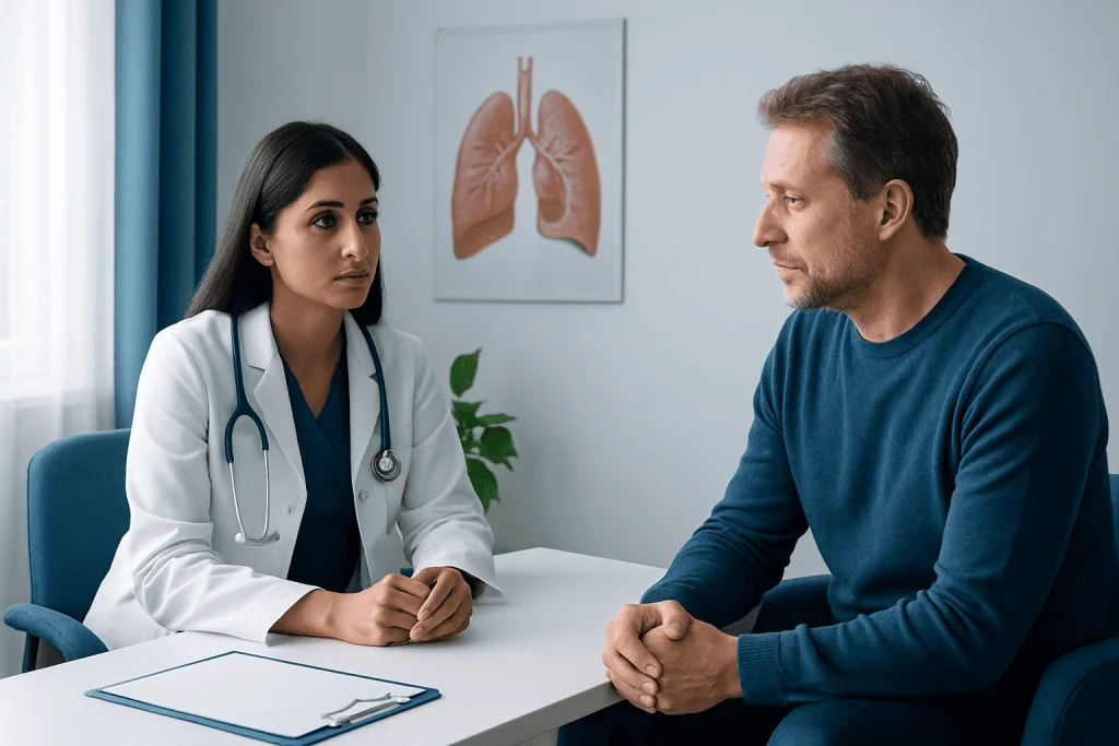 Doctor consulting with a patient in a medical office with lung diagram on the wall.