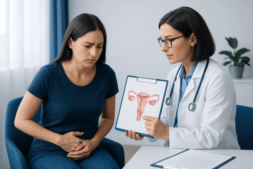 Doctor explaining endometrioma to patient with uterus diagram.