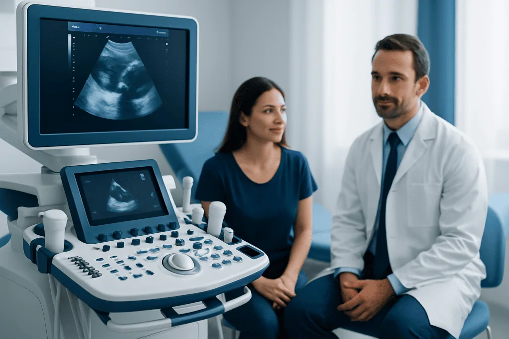 Doctor and patient discussing ultrasound results in a medical clinic.