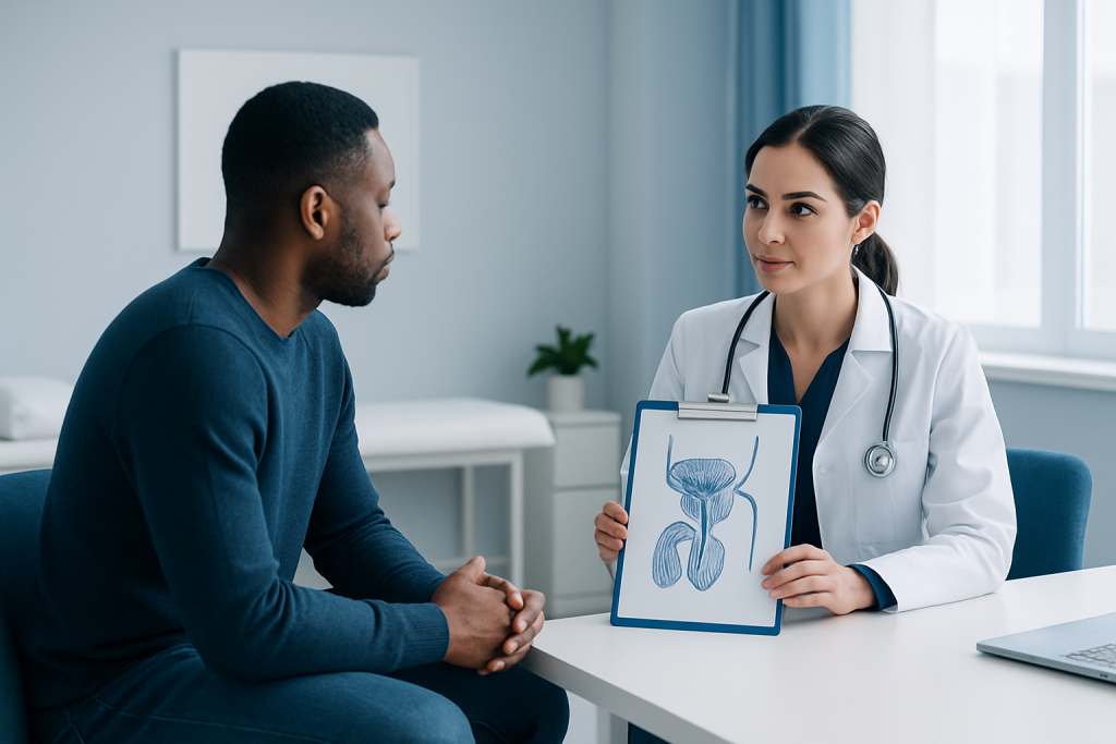Doctor explaining epididymis health to male patient in consultation room.