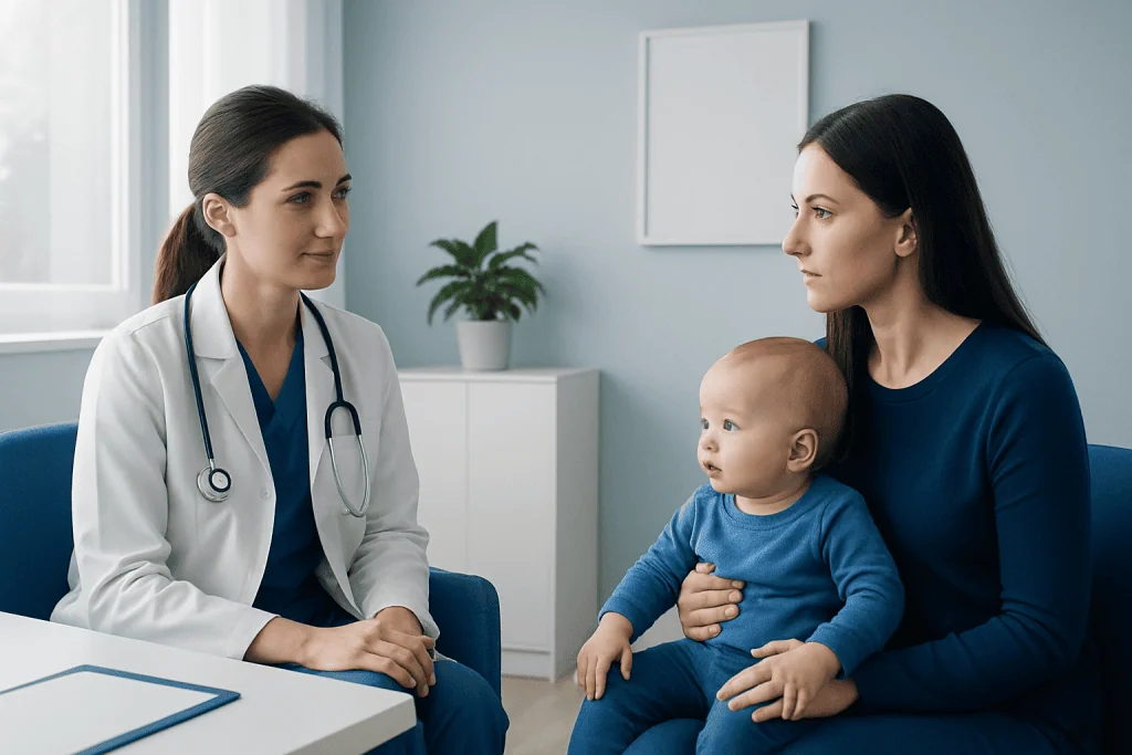 Pediatric consultation at Acibadem Hospital with doctor and mother with child.