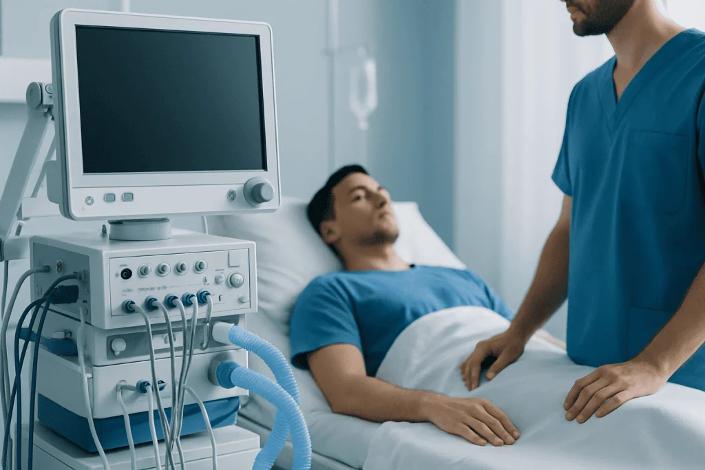 Patient in hospital bed connected to medical monitoring equipment.