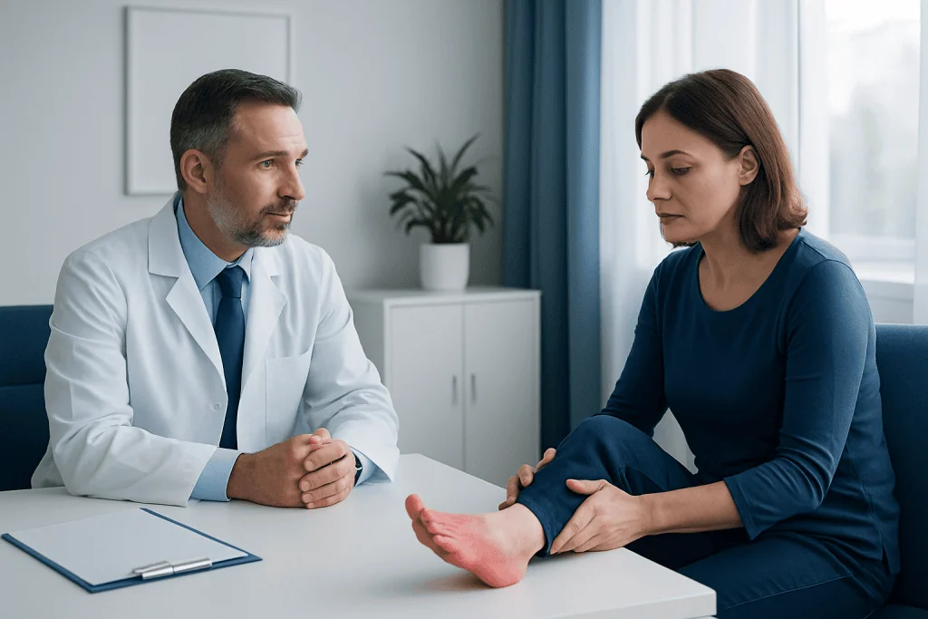 Doctor consulting with a patient about her foot health in a clinic setting.